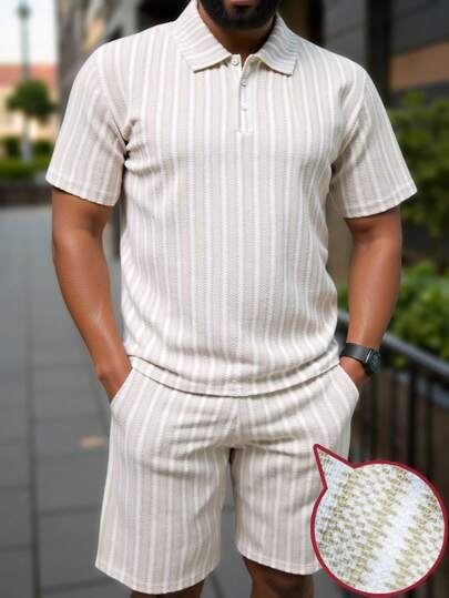 Manfinity Homme Plus Size Men's Colorblock Vertical Striped Polo Shirt Set, Summer