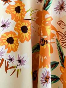 Soleia Plus Size V-Neck Layered Collar Cap Sleeve Cinched Waist A-Line Orange Floral Print Resort Vacation Mini Dress - Multicolor - View 8