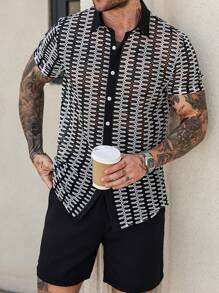 Manfinity CasualCool Bộ áo sơ mi tay ngắn in họa tiết thường ngày mùa hè dành cho nam và quần short - Đen và trắng - Xem 5