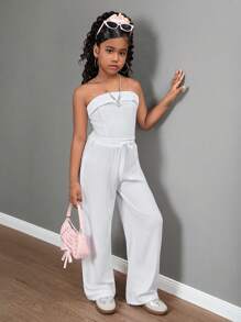 SHEIN Conjunto de 2 piezas de top de tirantes de color liso y pantalón largo informal para niñas preadolescentes