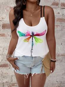 EMERY ROSE Plus Size Women Dragonfly Print Casual Fashion Camisole - White - View 7