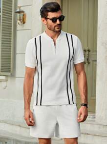 Manfinity VCAY Bộ áo thun polo tay ngắn bó sát có dây buộc trang trí bằng vải dệt kim gân 2 món dành cho nam - trắng - Xem 6