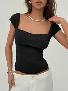 Aloruh Top corto sexy con cuello cuadrado y escote ultra bajo, camisa con botones estilo clubwear, top de cuello cuadrado