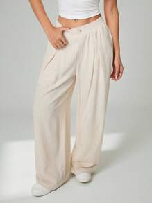 SHEIN PETITE Quần ống rộng thường ngày bằng vải tre dệt co giãn màu mơ mùa hè dành cho nữ Quần áo cơ bản cho kỳ nghỉ giải trí - Màu Khaki - Xem 1