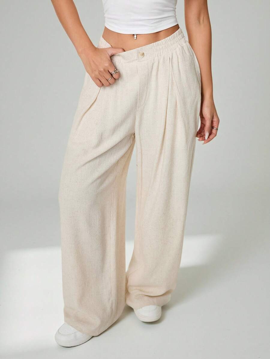 SHEIN PETITE Quần ống rộng thường ngày bằng vải tre dệt co giãn màu mơ mùa hè dành cho nữ Quần áo cơ bản cho kỳ nghỉ giải trí - Màu Khaki - Xem 1