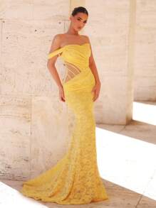 Glamrae Robe de soirée sirène plissée transparente avec manches asymétriques en dentelle et paillettes jaunes élégantes pour femmes - Jaune citron - Voir 4
