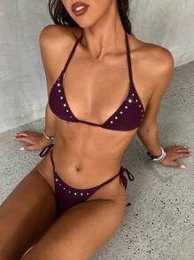 Aloruh 女士新款性感优雅紫色铆钉比基尼套装，适合音乐节，两件套细肩带泳衣，配有可调节胸罩和低腰迷你短裤，沙滩装丁字裤比基尼套装，女士沙滩装度假装 - 中紫紅色 - 查看 1