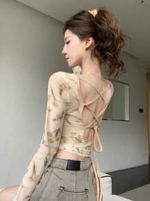 DAZY Áo kiểu nữ dài tay Encore màu đỏ in hoa toàn thân, khoét lưng, dây rút buộc phía trước, phối lưới tương phản, thích hợp cho mùa thu và lễ Phục sinh. - Màu be - Xem 6