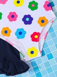 SHEIN 2件套纯色碎花针织连体泳衣（含裙子），适合小女孩 - 藍色 - 查看 4
