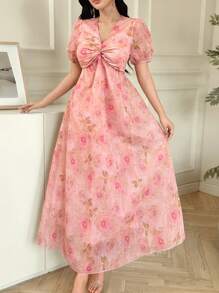 Modelyn Women V-Neck Short Sleeve Floral Print Mid-Calf Length Dress