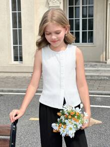 青少年女孩罗纹不对称纽扣开合针织无袖毛衣 - 白色 - 查看 8