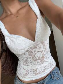 SHEIN EZwear Women's Summer Elegant White Lace Tank Top, Summer,Club Outfits Women Sexy - White - View 3