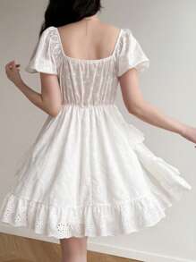 Modelyn Romantic Embroidery Ruffle Hem Women Mini Dress, White Dress For Graduation, Summer Dresses For Women, Birthday Dresses For Women, Flowy Dress, Graduation Dresses, Embroidered Dress, White Dress For Graduation - White - View 2