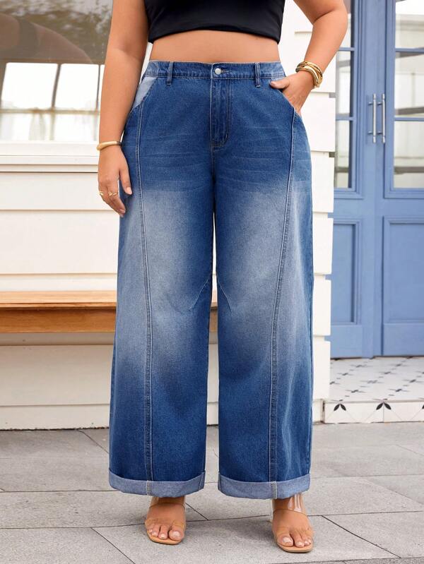 SHEIN Essnce Plus Size Women Pockets Loose Wide Leg Casual Versatile Jeans