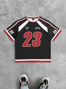 Manfinity Sporsity Men's Colorblock Striped & Letter Print Casual Short Sleeve T-Shirt, Versatile For Summer Sport Jersey Number Jersey