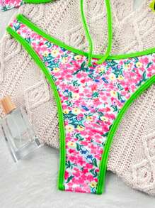 SHEIN 夏季女式两件套泳衣随机颜色吊带钢圈聚拢蝴蝶结系带比基尼上衣和下装海滩度假比基尼套装 - 彩色 - 查看 7