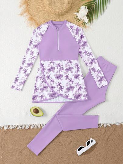 SHEIN Tankini's voor meisjes in de pre-puberteit, meisjesoutfitsets, traditionele Arabische kledingstijl, Midden-Oosterse stijl set met shirt met lange mouwen en lange broek, tweedelige zonbeschermende zwemkleding set: Top: zwemkleding in jurkmodel, effen shirt met lange mouwen en ronde hals, sportieve zwemkleding met lange mouwen en tropische palmboomprint met ritsluiting; Broek: effen broek. Stijlvolle zomerse zwemkleding, meisjeszonbeschermingspak set, elegante meisjeszwemkleding.