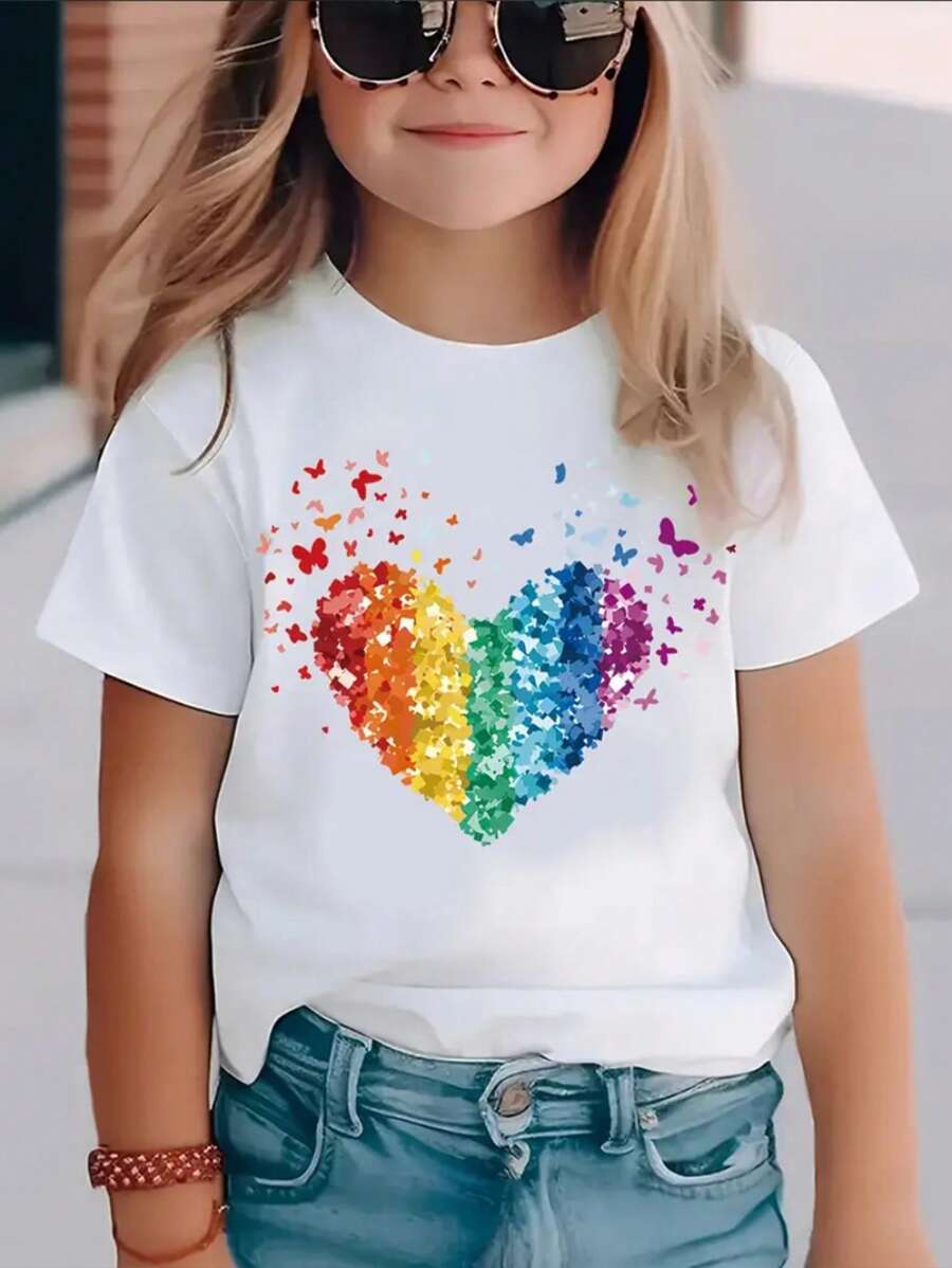 SHEIN 女童休闲时尚舒适简约多色心形图案短袖圆领 T 恤，春夏