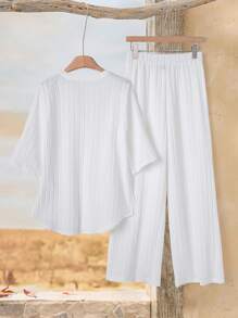 Rusticease 休闲条纹面料缺口领上衣和松紧腰宽松裤套装 - 白色 - 查看 2