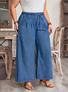 EMERY ROSE Plus Size Women Tie Waist Pockets Wide Leg Loose Casual Denim Jeans - Medium Wash - View 4