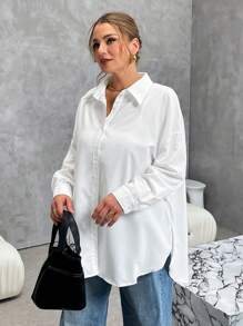 SHEIN Essnce Camisa básica de manga larga con botones, blusa suelta y casual para mujer de talla grande, estilo "old money", para trabajo, otoño, con abertura lateral alta, camisa blanca básica de manga larga, para homecoming, atuendos de aeropuerto
