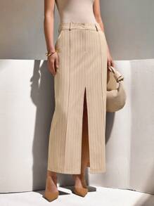 CLARA VERO 女士条纹牙签设计开衩下摆优雅中长裙 - 米色 - 查看 3