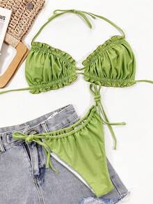 Swim Basics Summer Beach Ruched Bikini Set Frill Trim Halter Bra & Thong Bottom 2 Piece Bathing Suit - Green - View 4