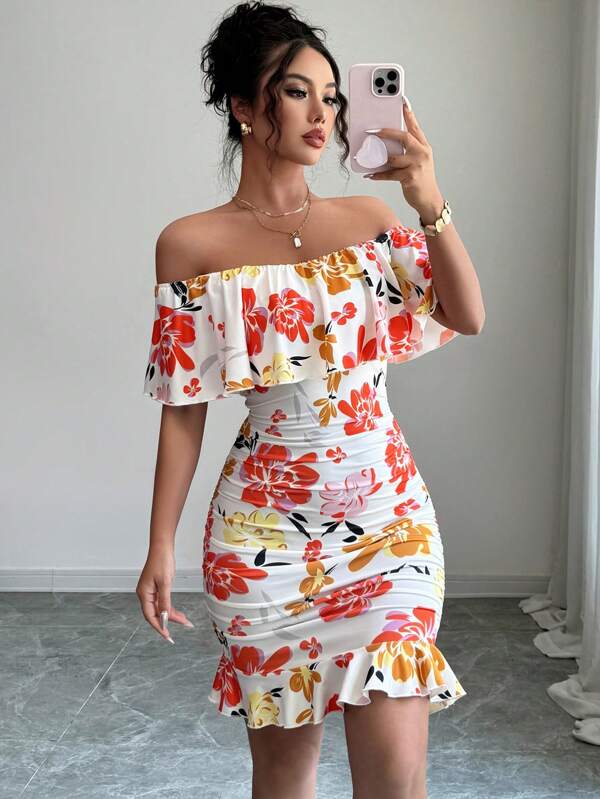 Selianne Tropical Print Off Shoulder Ruffle Trim Ruched Bodycon Dress Vacation Beach Outfits Women