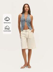 Nöista Short bermuda blanco a medida con cinturón - Short bermuda blanco a medida elegante con cinturón a juego, adecuado para estilos veraniegos casuales pero refinados. - Blanco - Ver 4
