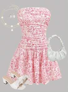 SHEIN Girlism 少女梭织花卉印花宽松抹胸连衣裙，女士休闲/婚礼宾客/毕业/太阳裙，复活节/度假连衣裙，骑行短裤，波西米亚/波西米亚风服装，夏季短裤，海滩度假装