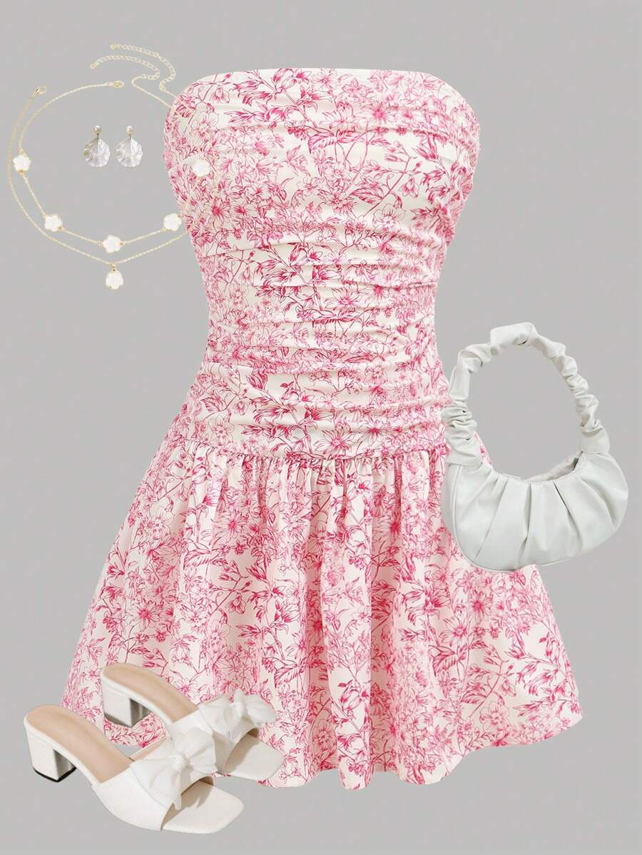 SHEIN Girlism 少女梭织花卉印花宽松抹胸连衣裙，女士休闲/婚礼宾客/毕业/太阳裙，复活节/度假连衣裙，骑行短裤，波西米亚/波西米亚风服装，夏季短裤，海滩度假装