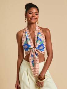 Travachic Top de mujer para vacaciones con estampado floral, detalle de nudo delantero, y escote trasero sin espalda