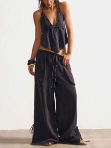 Bohemela Women Relaxed Fit Woven Solid Color Wide Leg Washed Pants Lace Up Pants Tie Pants Gauze Pants Boho Pants Wide Leg Pants - Black - View 5