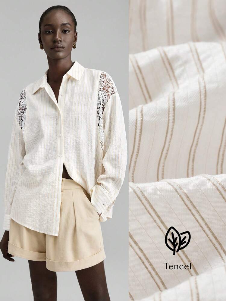 2025 Women's Autumn Elegant Cream White Lace Splice Striped Blouse,Casual Hollow Design Ladies Top For Tea Party,Holiday,Beach,Bohemian Vacation Wear