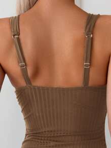 SHEIN Swim 1 pieza Traje de baño de una sola pieza con cuello cuadrado acanalado y unicolor para mujer - Marrón - Ver 3