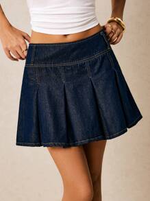 Poéselle Váy mini denim đơn sắc có khóa kéo bên hông dành cho nữ, dễ mặc, đa năng - Rửa tối - Xem 1