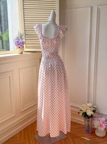 Comfortcana Bộ trang phục nghỉ hè hai mảnh dành cho nữ màu trắng dệt họa tiết chấm bi - Đỏ và trắng - Xem 2