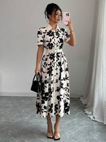 Elenzga 女式印花束腰度假优雅连衣裙，夏季 - 杏色 - 查看 1