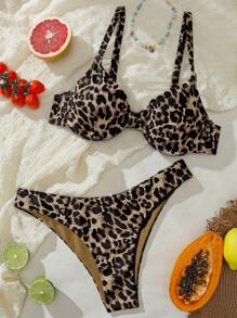 SHEIN Swim Vcay Women's Leopard Print Casual Bikini Set For Summer Beach Vacation - Khaki - View 1