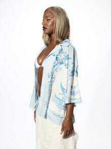 SUMWON WOMEN Blusa tipo resort con estampado de ángel, camisa abotonada, cubre-traje de playa de verano, ligera y oversize, con alas etéreas - Multicolor - Ver 7