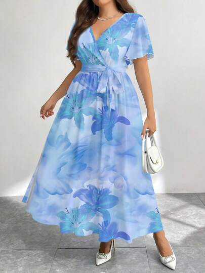 Firerie Casual Vintage Flower/Hibiscus Print Loose Fit Plus Size Dress, Suitable For Spring/Summer,Summer Dresses For Women,Maxi Dress Boho Suitable For Going Out Chic Dress