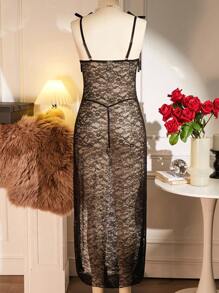 SHEIN 2件套性感女式蕾丝高开叉钢圈蝴蝶结吊带低腰内衣睡衣 - 黑色 - 查看 5