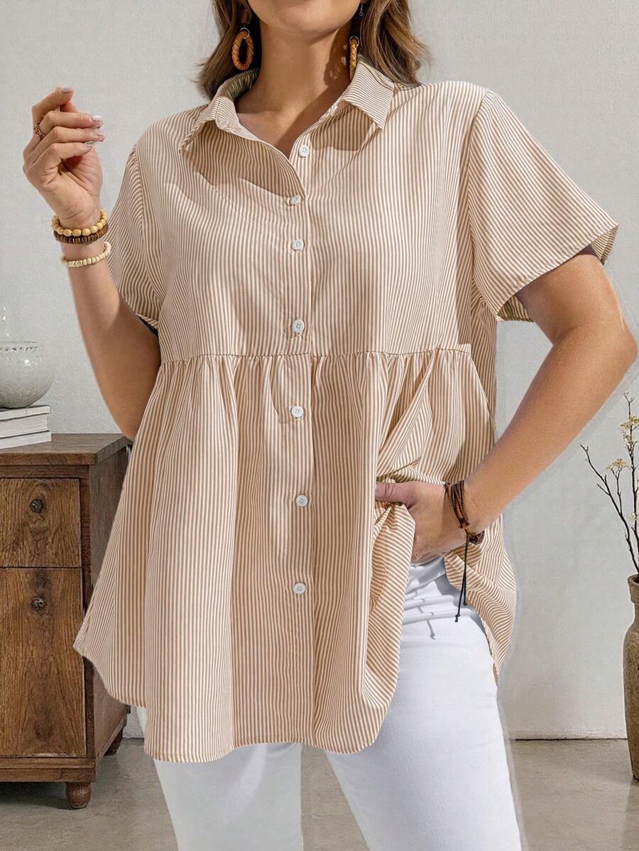 EMERY ROSE 大码休闲条纹衬衫，简约时尚，适合日常穿着、夏季穿着、送给母亲的礼物、波西米亚风、春假风、狂欢风、乡村风