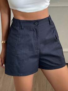 DAZY 女士夏季松紧腰拼接抽绳腰部工装口袋街头时尚休闲短裤 - 藏蓝色 - 查看 1