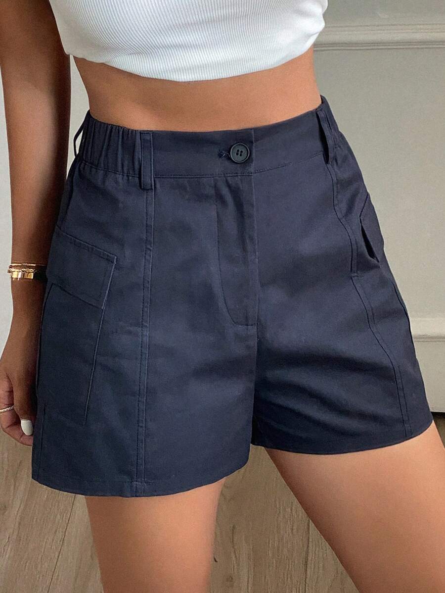 DAZY 女士夏季松紧腰拼接抽绳腰部工装口袋街头时尚休闲短裤 - 藏蓝色 - 查看 1