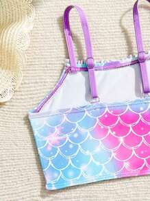 Bikini a stampa di sirena per ragazze giovani, con spalline a spaghetti e design con volant, combinando elementi carini e alla moda