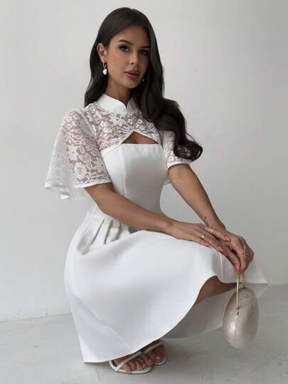 Firerie 女士简约优雅度假海滩度假撞色蕾丝 A 字短袖连衣裙，时尚百搭白色夏装