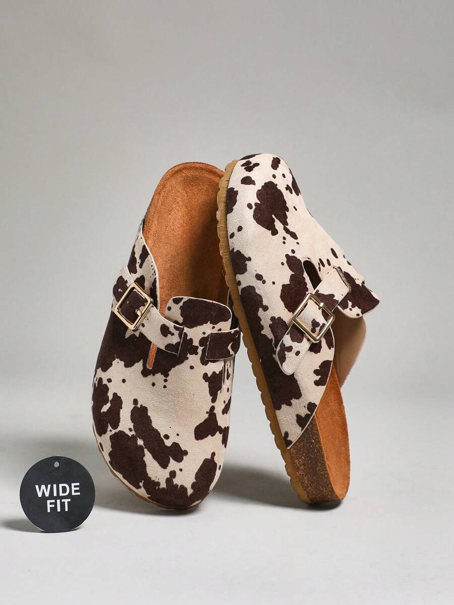 SHUZIA 女式宽版牛纹圆头软木鞋床拖鞋，带可调节扣