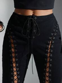 Denimoi Low Rise Lace Up Cut Out Washed Boot Cut Denim Jeans - Black - View 3