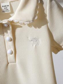 SHEIN Baby Girl Embroidery Design Short Sleeve Casual Polo Shirt, Spring/Summer Cream Baby Girl Outfit
